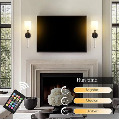 Battery Operated Wall Sconce Set of Two, Black Wireless Rechargeable Wall Light with Remote Control, Dimmable, Amber/Warm/Natural/Cool White,RGB, Battery Power Sconces for Living Room Bedroom