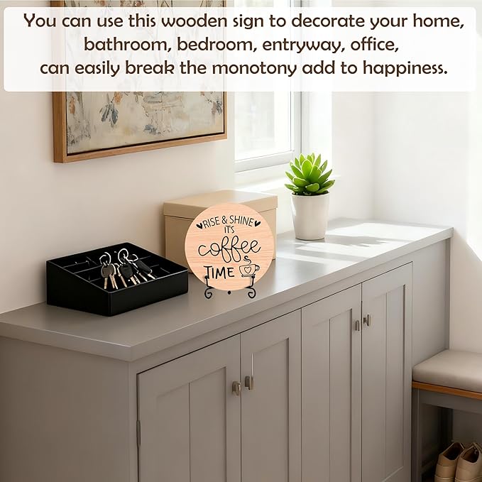 Coffee Desk Decor Sign, Farmhouse Wood Plaque, It Is Coffee Time Wood Sign, Cafe Lover Gifts, Decor For Home Kitchen Table Top, Wooden Round Decorations With Stand-16