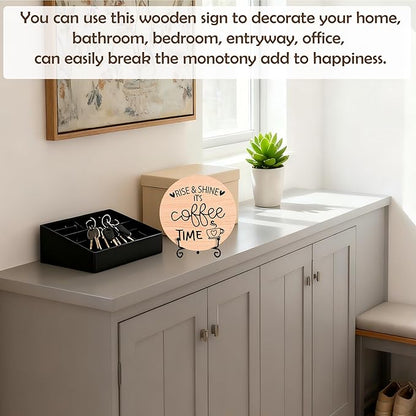 Coffee Desk Decor Sign, Farmhouse Wood Plaque, It Is Coffee Time Wood Sign, Cafe Lover Gifts, Decor For Home Kitchen Table Top, Wooden Round Decorations With Stand-16
