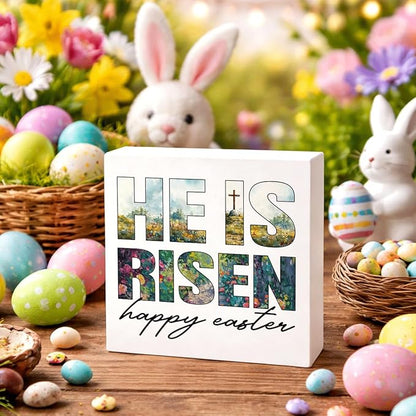 Christian Easter Yard Sign He Is Risen Happy Easter Outdoor Decorations, Religious Cross Lawn Sign, Easter Garden Party Lawn Stake Decor for Home Church