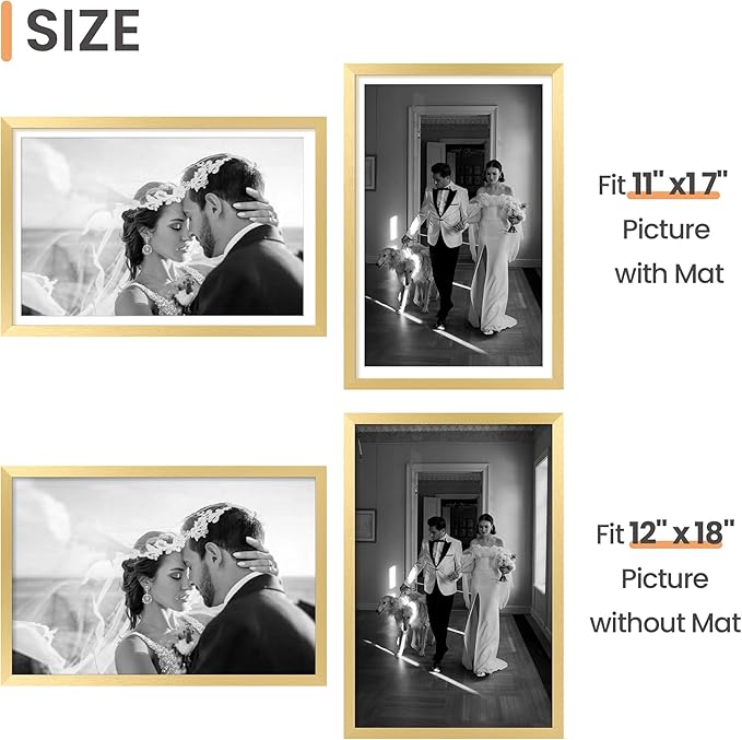 upsimples 12x18 Picture Frame Set of 5, Display Pictures 11x17 with Mat or 12 x 18 Without, Wall Gallery Poster Frames, Gold