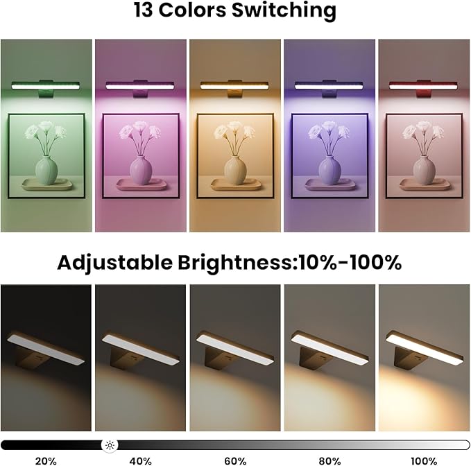 Picture Lights for Wall Battery Operated Black Wireless Art Light for Paintings, Rechargeable Display Lighting for Picture with Remote Control, RGB Poster Lights for Frame, Gallery, Portraits, 2 Pack