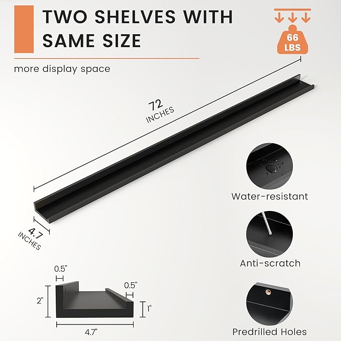 Picture Ledge Shelf, Floating Shelves Set of 2, 72 Inches Long Large Nursery Book Shelves for Toys Storage, Kids Bookshelf Wall Mounted for Living Room Bedroom Decor Books Photo Frames, Black