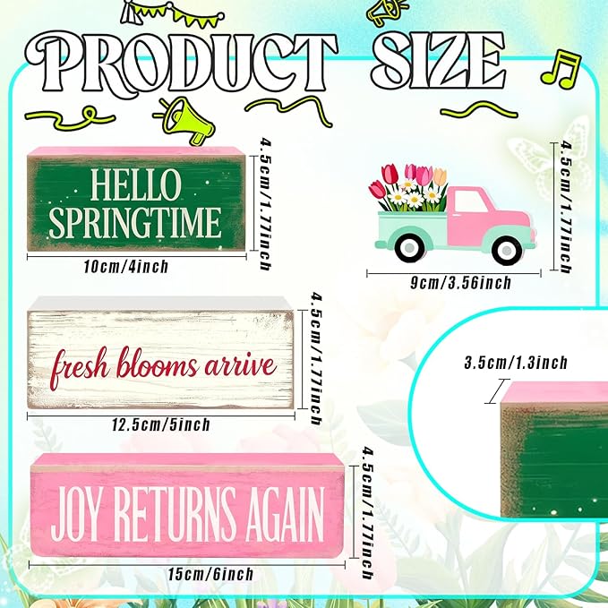 Spring Decoration Wooden Tiered Tray Decor – Floral Spring Truck Stacked Block Sign with Tulip Pickup Topper – Farmhouse Tabletop Spring Decor for Living Room Shelf Seasonal Home Display