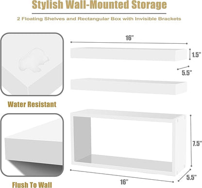 Sorbus Floating Shelves for Wall Set of 3 - Bathroom Shelves for Wall Storage, Over Toilet, Bedroom, Farmhouse, Decor - 2 Floating Shelves with Invisible Brackets & 1 Rectangular Box