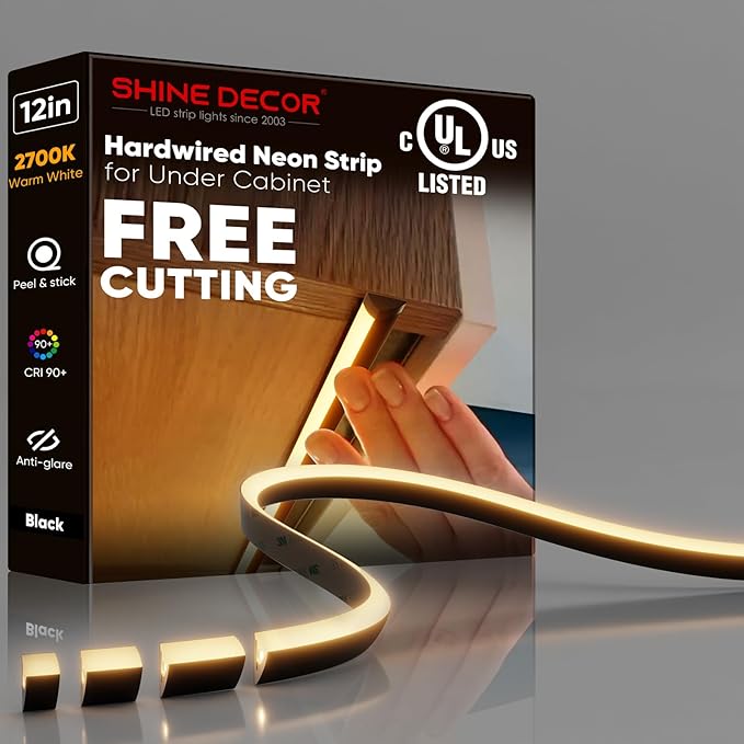 Shine Decor Under Cabinet Lighting Strip, Free Cuttable LED Silicone Neon Rope Hardwired 24V Anti-Glare Bright Cozy 228 Lumen for Indoor, Adhesive Black Shell 2700K Warm 12” UL Certified, No Adapter