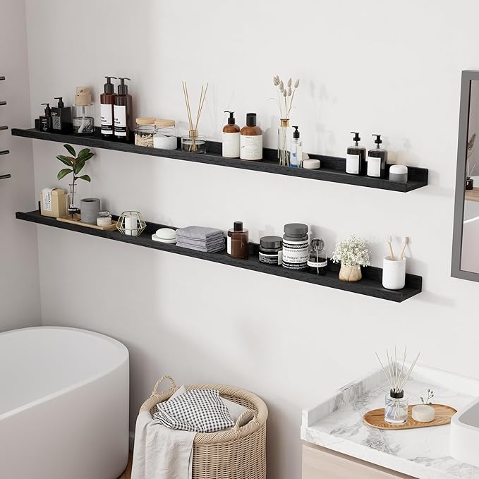 RICHFOCUS Floating Shelves for Wall, 72 inch Solid Wood Picture Ledge Shelf for Wall Storage, Nursery Book Shelves with Lip for Living Room Bathroom Bedroom Kitchen, Set of 2, Distressed Black