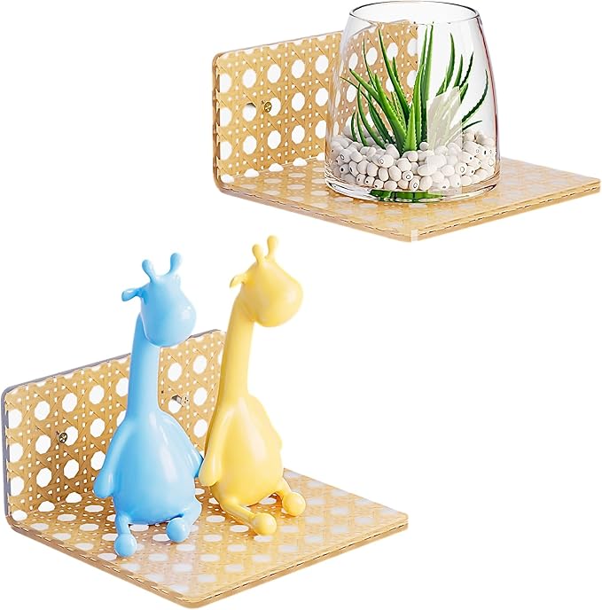 Boho Acrylic Wall Shelves 2 Pack, Small Floating Shelf with Rattan Pattern, Clear Display Ledges for Funko Pop Figures, Plants, Perfume & Home Decor, Wall Mount for Bedroom, Living Room