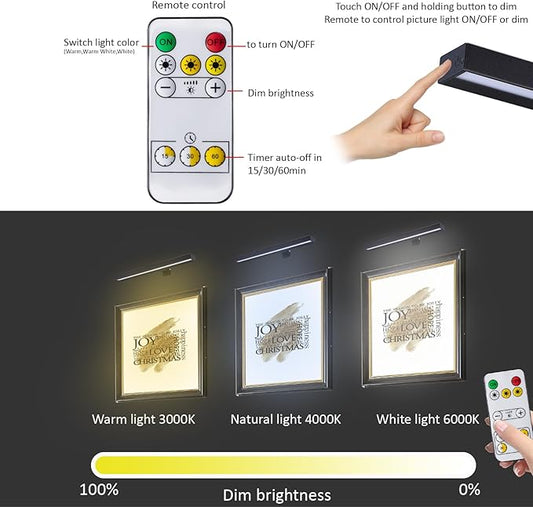 Wireless LED Picture Light 16in with Remote,Dimmable and Timer Picture Lights for Paintings,Metal Rechargeable Art Light Display Lamp,3 Modes,Dartboard Light for Frame Picture Gallery Portrait