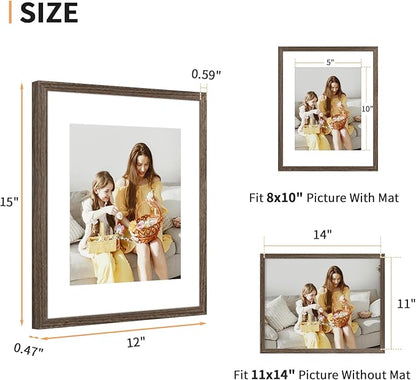 ATOBART 11x14 Picture Frame Set of 4, Displays 8x10 with Mat or 11x14 Without Mat, Photo Frames for Wall Hanging or Tabletop, Includes HD Plexiglass, Brown