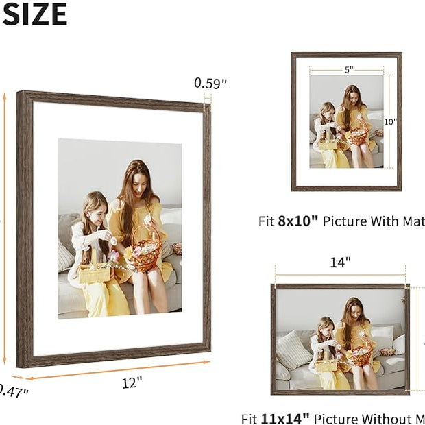 ATOBART 11x14 Picture Frame Set of 4, Displays 8x10 with Mat or 11x14 Without Mat, Photo Frames for Wall Hanging or Tabletop, Includes HD Plexiglass, Brown