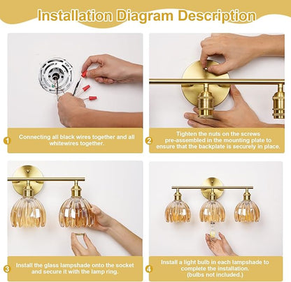 Vintage Bathroom Light Fixtures,3-Light Hardwired Vanity Lights with Clear Tulip Glass Shade,Gold Bathroom Vanity Light for Mirror Restroom,E26 Socket,18.5 in(Bulbs Not Included)