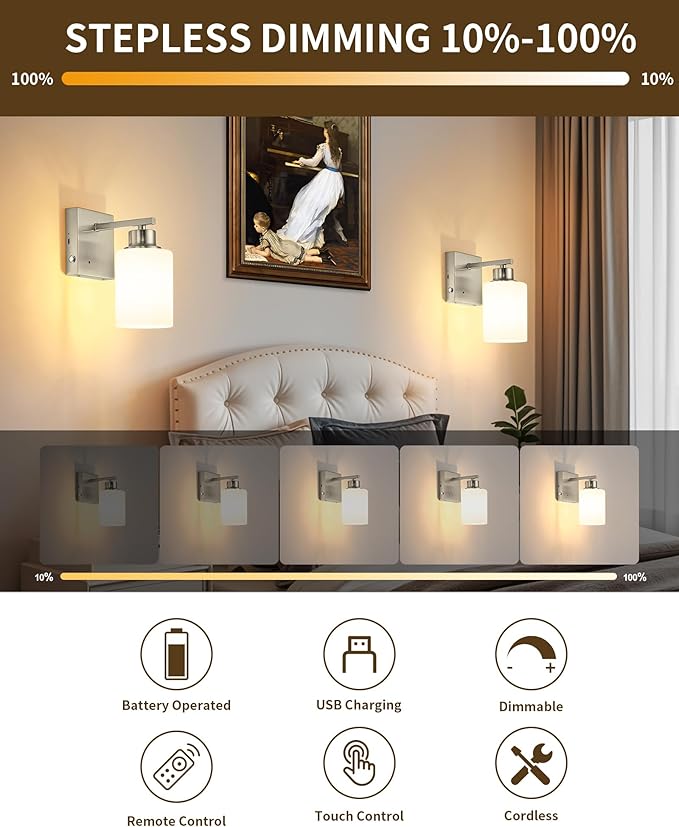 Wireless Wall Sconces, Nickel Battery Operated Wall Sconce Set of 2 with Timer Function, Easy Install Dimmable Rechargeable Wall Lamps for Living Room, Bedroom, Hallway, Entryway Decor 3000K
