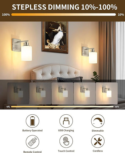 Wireless Wall Sconces, Nickel Battery Operated Wall Sconce Set of 2 with Timer Function, Easy Install Dimmable Rechargeable Wall Lamps for Living Room, Bedroom, Hallway, Entryway Decor 3000K