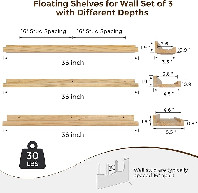 RICHFOCUS Floating Shelves for Wall, 36 inch Solid Wood Picture Ledge Shelf for Wall Storage, Nursery Book Shelves with Lip for Living Room Bathroom Bedroom Kitchen, Set of 3, Natural