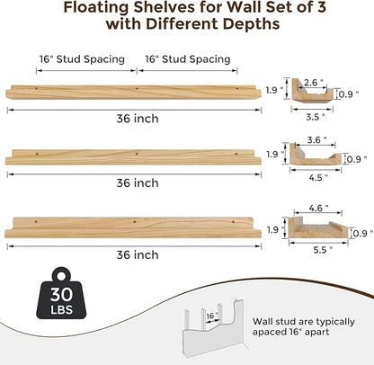 RICHFOCUS Floating Shelves for Wall, 36 inch Solid Wood Picture Ledge Shelf for Wall Storage, Nursery Book Shelves with Lip for Living Room Bathroom Bedroom Kitchen, Set of 3, Natural