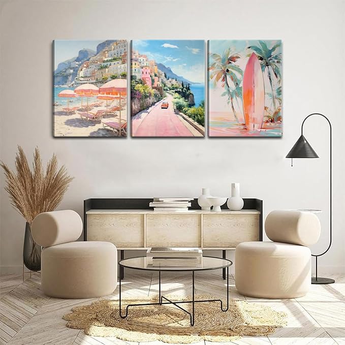 Pink Beach Wall Art Set of 3, Preppy Coastal Wall Decor Paintings, Italy Amalfi Coast Poster Canvas Prints, Beachy Surf Pictures Aesthetic for Teen Girls Bedroom Living Room Dorm 16x24 inch Framed