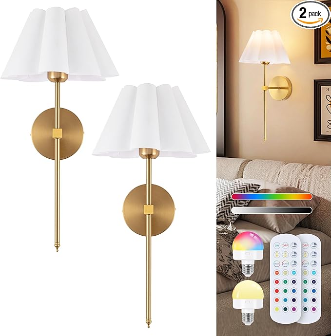 Battery Operated Wall Sconces Sets of 2, Indoor not Hardwired White Fabric lampshade Fixtures,Rechargeable Wireless 10 Colors Wall Lights with Dimmable Remote Control (20 inches)