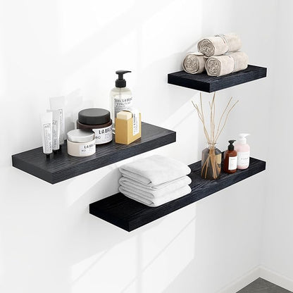 Fun Memories Floating Shelves - 2 Pack 9.3 Inch Deep Rustic Wooden Wall Shelves - Wall Mounted Storage Shelf with Invisible Brackets, 24" W x 9" D x 1.6" H - Black