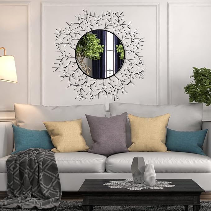 POZINO Round Wall Mirror, 30 Inch Circle Mirrors for Wall Decor, Black Metal Framed Accent Mirrors for Living Room Bedroom Entryway
