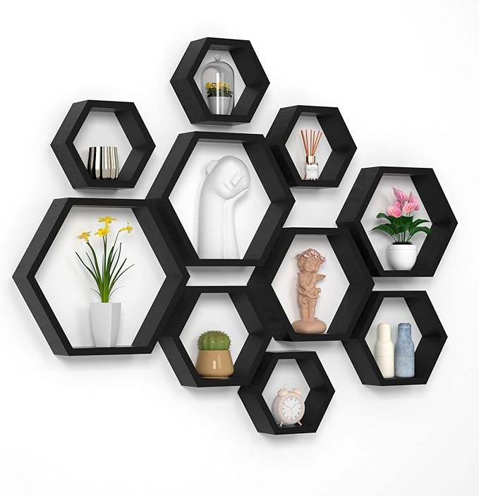 WONFUlity Hexagon Floating Shelves Honeycomb Wall Mounted Wood Farmhouse Storage for Bathroom, Kitchen, Bedroom, Living Room - Driftwood Finish Wall Decor, Black