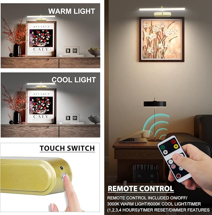 Picture Light,3AA Battery Wall Lights,Wireless Art Lights for Paintings,Remote Control Accent Light with Timer and Dimmable for Frame,Portrait,Mirror-GD