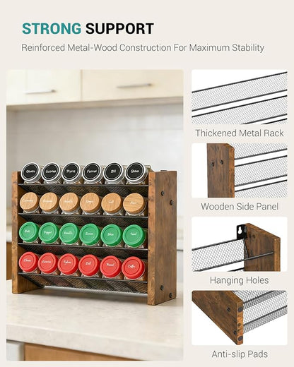 NESAPTO Spice Rack Organizer for Cabinet, Wooden 4 Tier Vertical Seasoning Organizers for Kitchen Pantry, Countertop/Wall Mount, Holds 24 Spice Jars (No Jars Included),12.2" W × 9.4" H