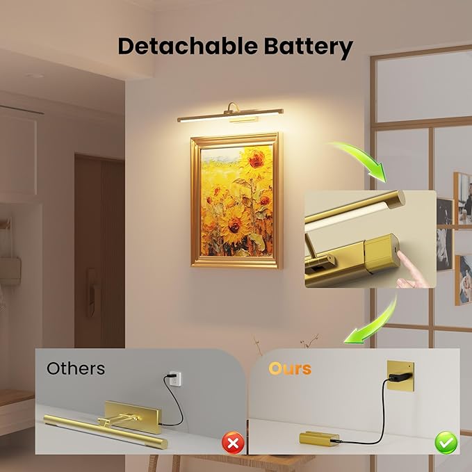 24" Brass Picture Art Light with 1pcs Extra 8000mAh Battery - 2 Pack Wireless Dimmable Wall Mount for Oversized Paintings, Posters & Mirror