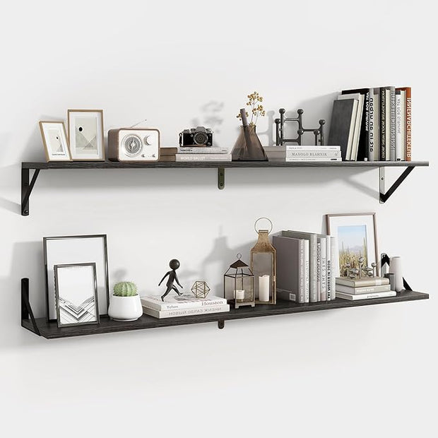 Axeman 48 Inch Floating Shelves | 8 Inch Deep Black Wall Shelves Set of 2 | 47.3" W x 8" D Rustic Black Wood Shelves for Bathroom Kitchen Living Room