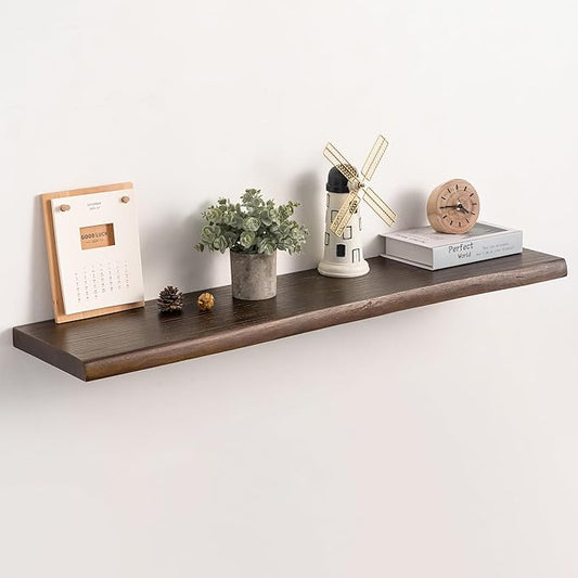 Live Edge Floating Shelf, 40 Inch Rustic Solid Elm Wood - Walnut Brown Finish with Invisible Brackets, Wall Mounted for Living Room, Kitchen, Bathroom