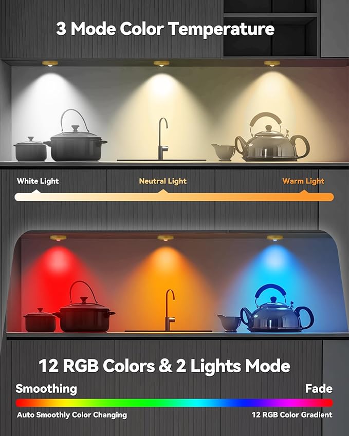 Rechargeable RGB Puck Lights with Remote Control, 1500mAh Battery Operated Push Lights, Dimmable & Timer Under Cabinet Lighting for Closet, Bedroom, Kitchen Gold 12Pcs