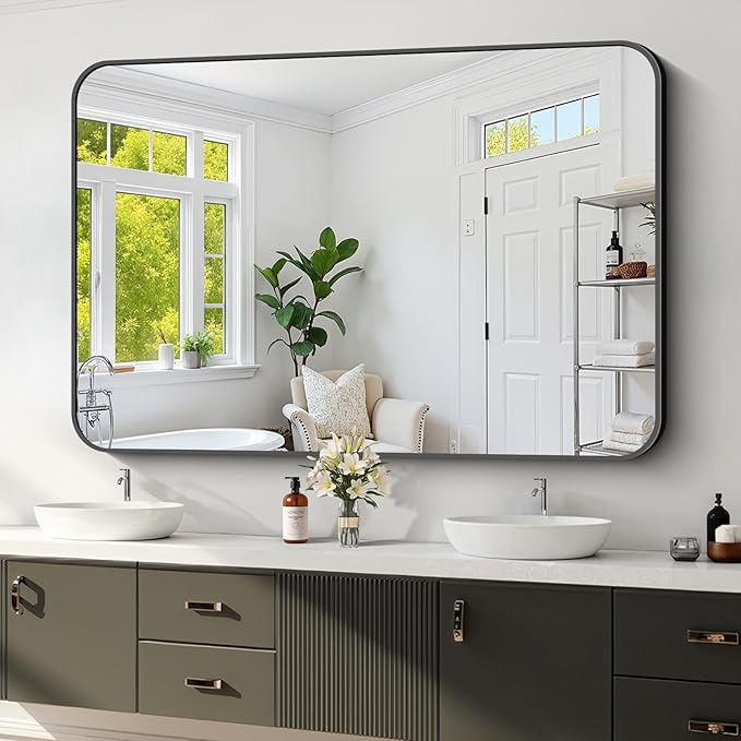 Koonmi Black Framed Bathroom Mirror - 36x55 Inch Shatterproof Tempered Glass Vanity Mirror for Bathroom Sink, Wall Mounted with Matte Aluminum Alloy Frame, No Distortion, Modern Decor