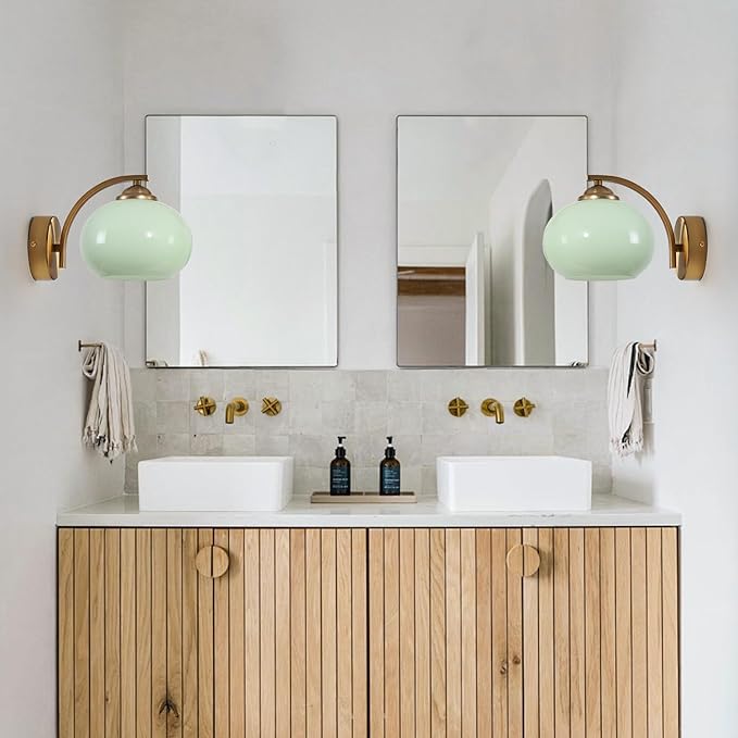 Vintage Green Glass Wall Sconce Brass Gold Wall Light Fixture Hardwired Mid Century Modern Bathroom Vanity Light Fixture