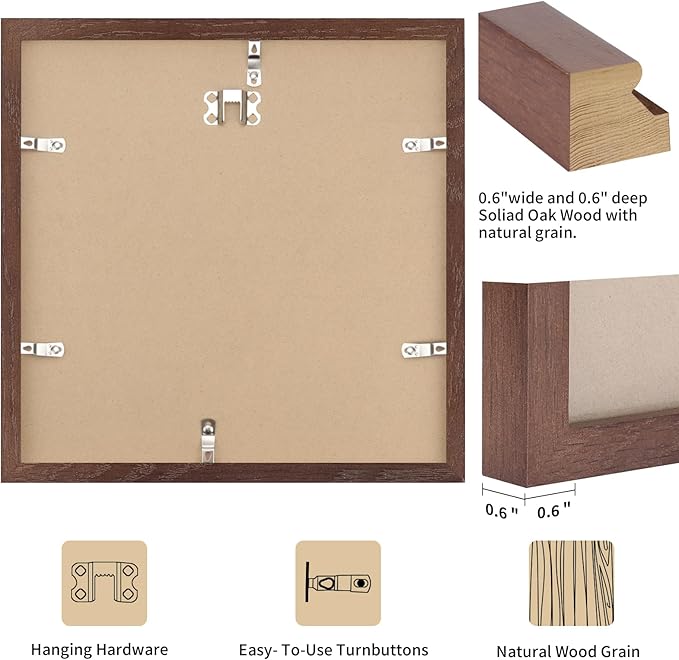 puthiac 16x16 Solid Oak Wood Picture Frame, Fits 12x12 with Mat or 16x16 Without Mat, Wall Display Only, Plexi Front, 3 Pack, Walnut