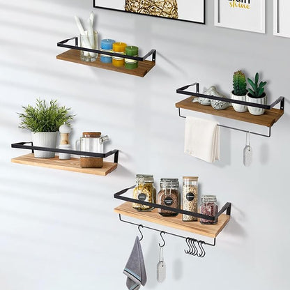 AGM Floating Shelves, 16.5 Inch Bathroom Shelf Set of 2, Wall Storage Shelf with Towel Bar & 8 Hooks, Wall Mounted Shelves for Bathroom, Bedroom, Kitchen, Living Room Decor