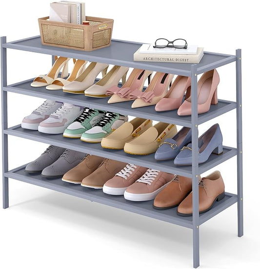 Smiry Bamboo Long Shoe Rack, 4 Tier Shoe Organizer for Entryway & Closet, Stackable Free Standing Storage Shelf for Shoes, Bags & Plants, Grey