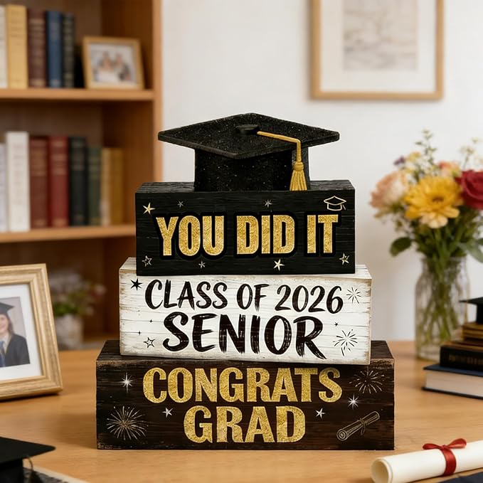 2026 Graduation Table Decorations Class of 2026 Senior Tiered Tray Decor Wooden Hat Block Signs Farmhouse Congrats Grad Tabletop Party Centerpiece for Tables Wooden Sign for Home Decor