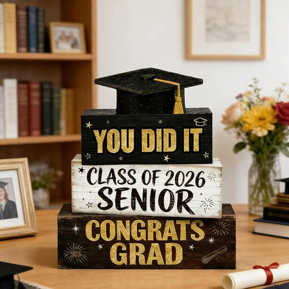 2026 Graduation Table Decorations Class of 2026 Senior Tiered Tray Decor Wooden Hat Block Signs Farmhouse Congrats Grad Tabletop Party Centerpiece for Tables Wooden Sign for Home Decor