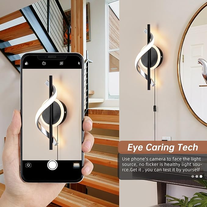 Black Plug in Wall Sconces Sets of 2, 12W Modern Spiral LED Wall Lamp, 3000K Warm White Wall Light Fixture for Stairs Living Room Bedroom Aisle Hallway