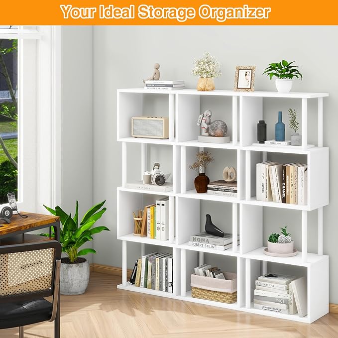 IBUYKE 5-Tier Tall Bookshelf,S-Shaped Geometric Bookcase, Wood Display Shelves with Storage,Modern Bookshelf for Living Room Bedroom, Home Office, White WBC015W