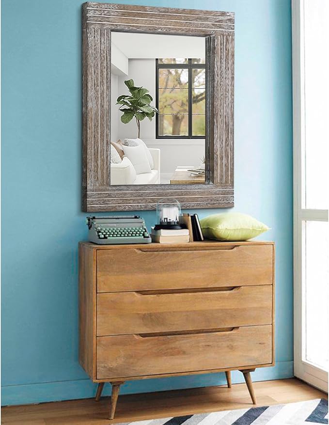 Wall Mirror Rustic Wooden Frame Rectangle Mirror Vintage Hanging Mirror for Bedroom Bathroom Living Room Farmhouse Wall Decor Large 26