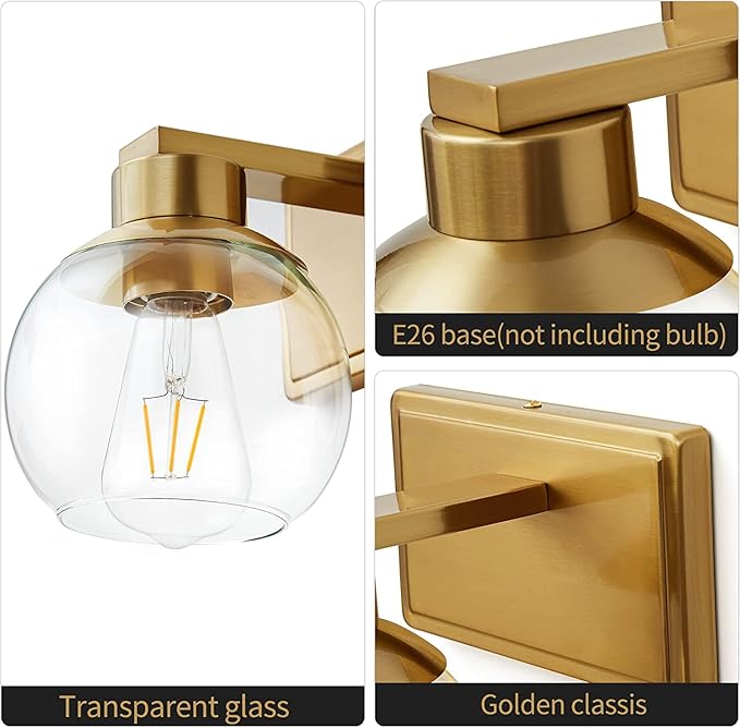 Brushed Brass Bathroom Sconces Set of 2, Gold Wall Sconces Set of Two, Bathroom Vanity Light with Clear Glass Shade, Modern Wall Light Fixtures for Bath Mirror Hallway Bedroom Living Room, Hardwired