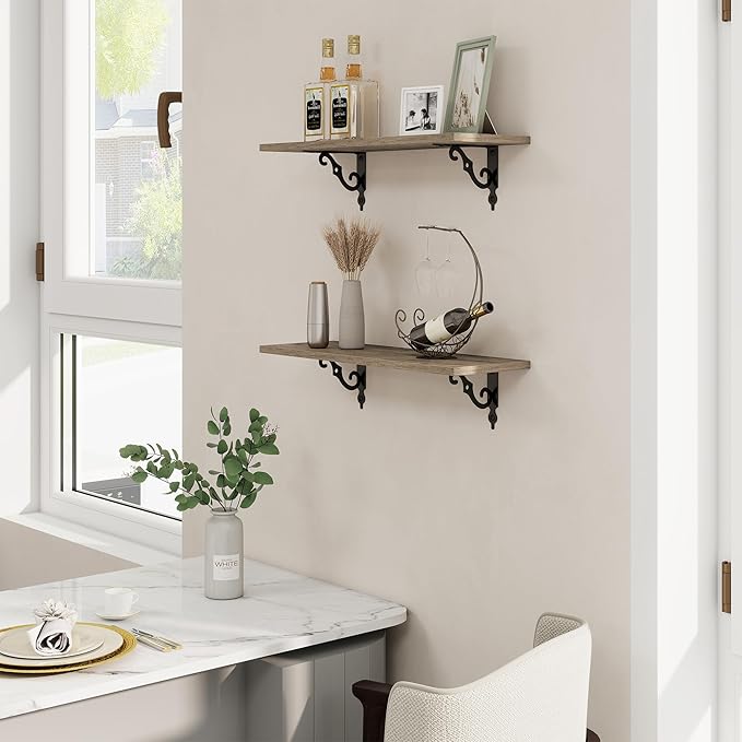 RICHFOCUS Floating Shelves for Wall Decor, 24Inch Shelves Set of 2, 24W x 8D Floating Shelves Wall Mounted with Metal Brackets, Rustic Wood Shelves for Living Room Bedroom Kitchen, Grey