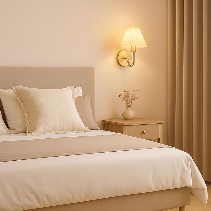 Cordless Wall Sconces Set of 2 with Remote — Gold Pleated Shades Cordless Rechargeable E26 Bulbs, 12 RGB Colors + 3000K/4000K/6000K, Dimmable Wall Mounted Lamps for Bedroom Living Room Hallway