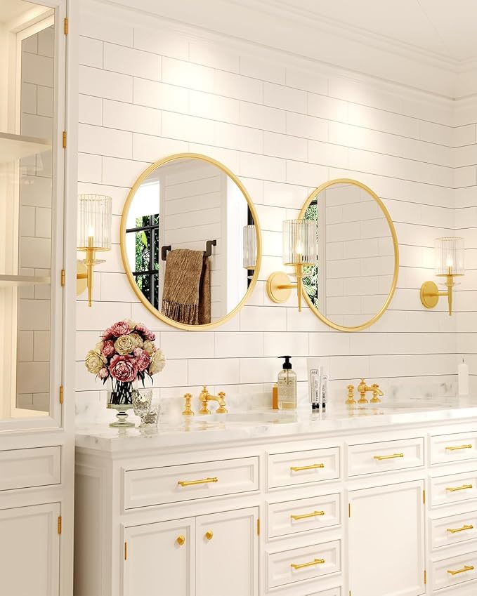 Growsun Round Gold Mirror for Bathroom, 28 inch Golden Circle Bathroom Mirror for Wall, Entryway Living Room with Metal Frame for Home Decor