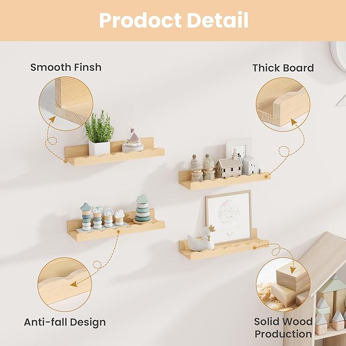 Fun Memories Picture Ledge Shelf for Wall, 16 inch Pine Wood Nursery Book Shelves Set of 4- Wall Book Shelves for Kids Room, Home Decor - Kitchen Spice-Natural