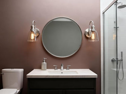 Yosoan 1-Light Brass Modern Vintage Indoor Wall Sconce, Vanity Single Luxury Hardwired Retro Textured Clear Oval Cone Glass Shade with Industrial Curved Rod Bathroom Lamp(Brushed)