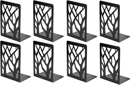 MaxGear Book Ends Tree Design Modern Bookends for Shelves, Non-Skid Bookend, Heavy Duty Metal Book Stopper for Books/CDs, Decorative Book Shelf for Home, 7 x 4.7 x 3.5”, Black (4 Pair/8 Pieces, Large)