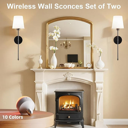 Wall Sconces Battery Operated Set of 2, Rechargeable Wall Sconce, 10 Colors Wireless Wall Sconces Set of Two, 5200mAh Dimmable Bulbs and Remote, for Bedroom Living Room, Hallway Decor (Black- 24 inch)