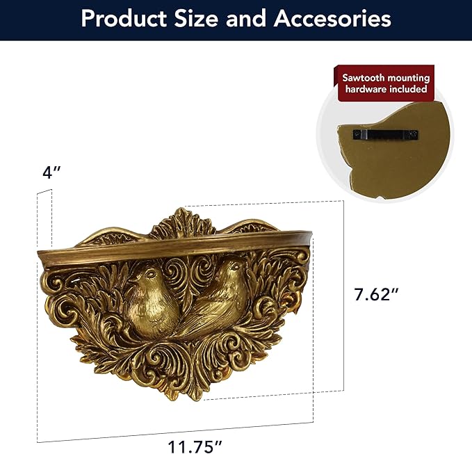 American Art Decor Vintage Ornate Resin Birds Scroll Manor Floating Wall Mounted Shelf in Antique Gold - Rococo Baroque Shabby Chic Ledge Display Shelf for Small Decor, Keys, Plants & Keepsakes